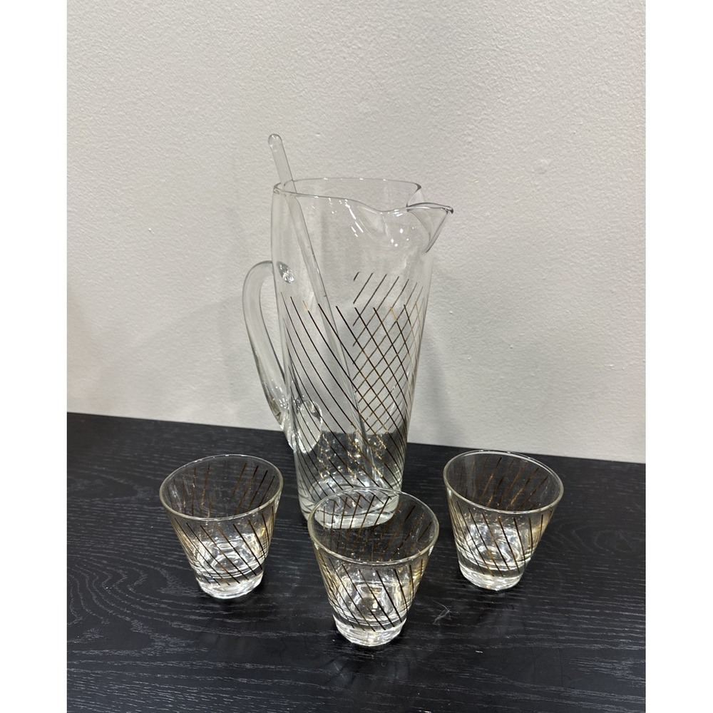 Vtg MCM Barware Cocktail Glass Set Pitcher, Stirrer & 3 Small Glass Gold Pattern